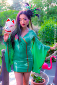 mistress amrita japanese fetish model green latex kimono photo by peter felix kurtz
