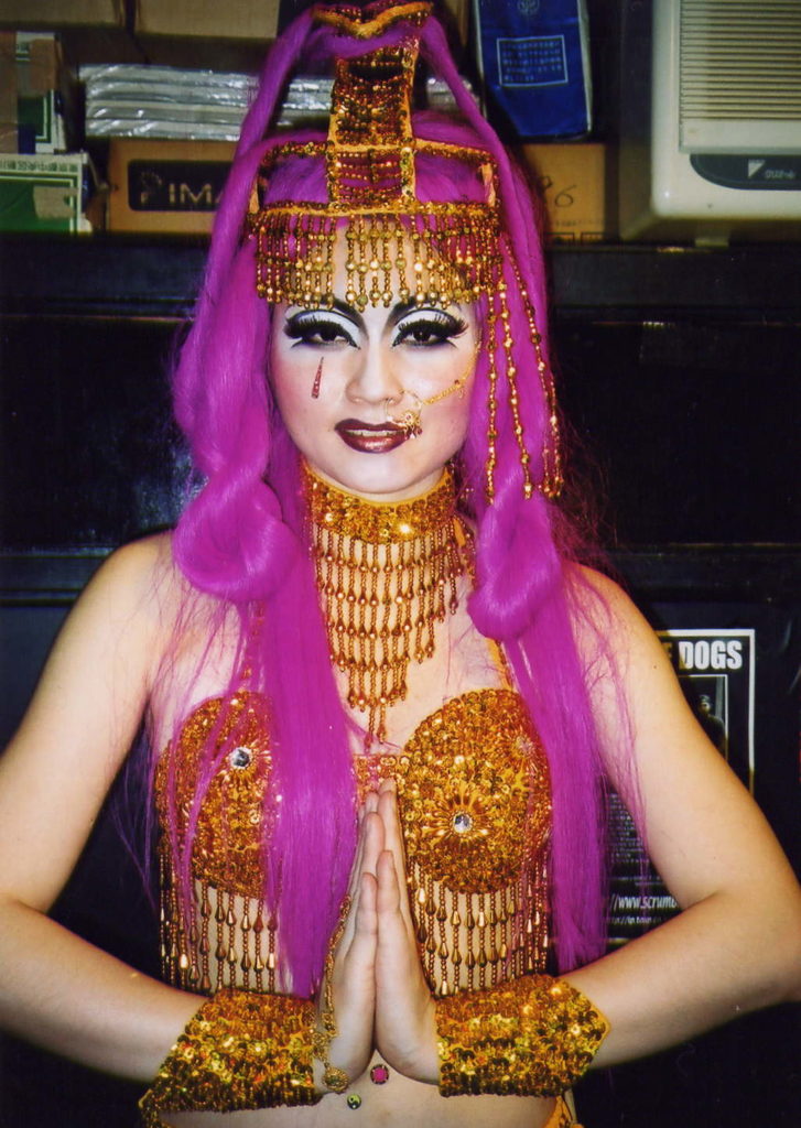 mistress amrita purple longhair wig golden sequin dress cleopatra crown