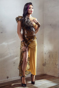 mistress amrita model leopard gold latex long dress platform highheel shoes
